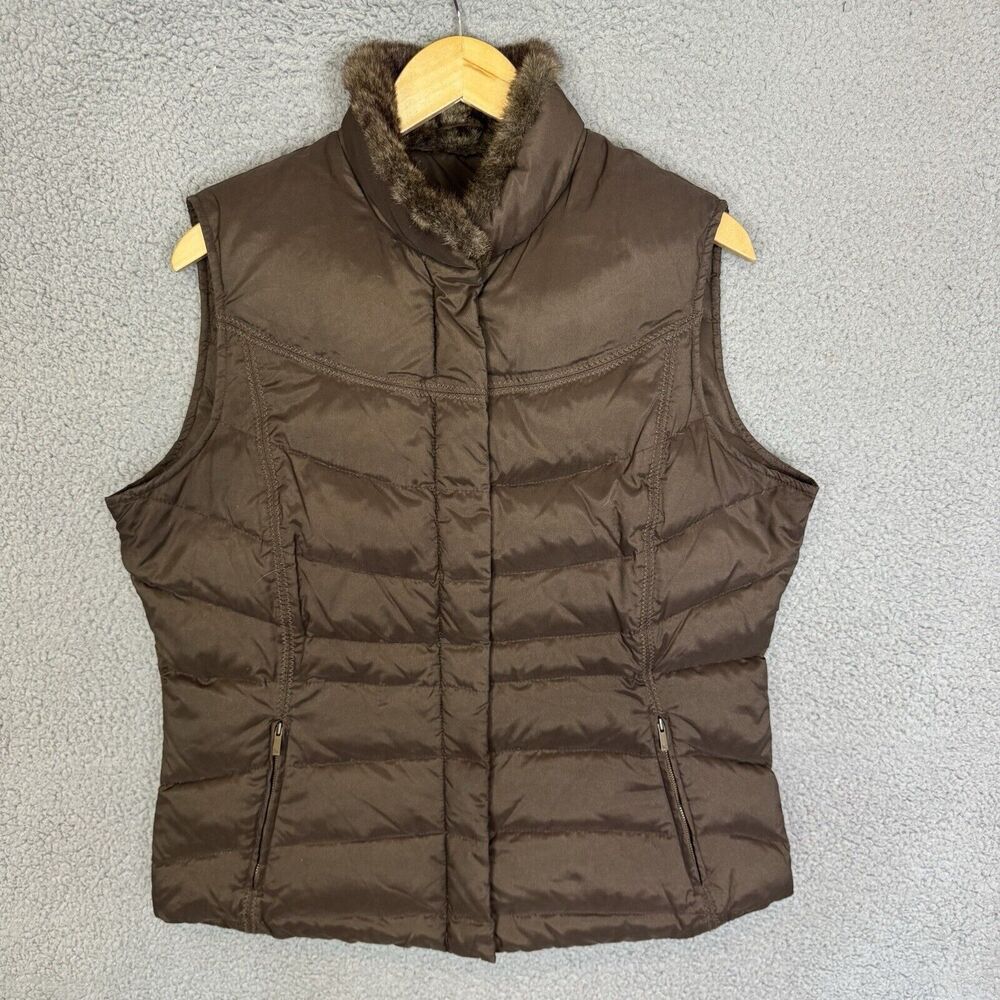 Eddie Bauer Puffer Vest Womens L Brown Goose Down Zip Pockets Outdoor Faux Fur